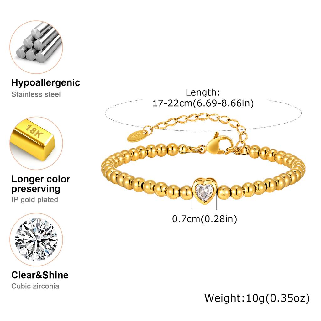 Zirconia Heart Bracelet for Women, Beaded Strand Link Bangle Gold Plated, Stainless Steel Adjustable Bracelets