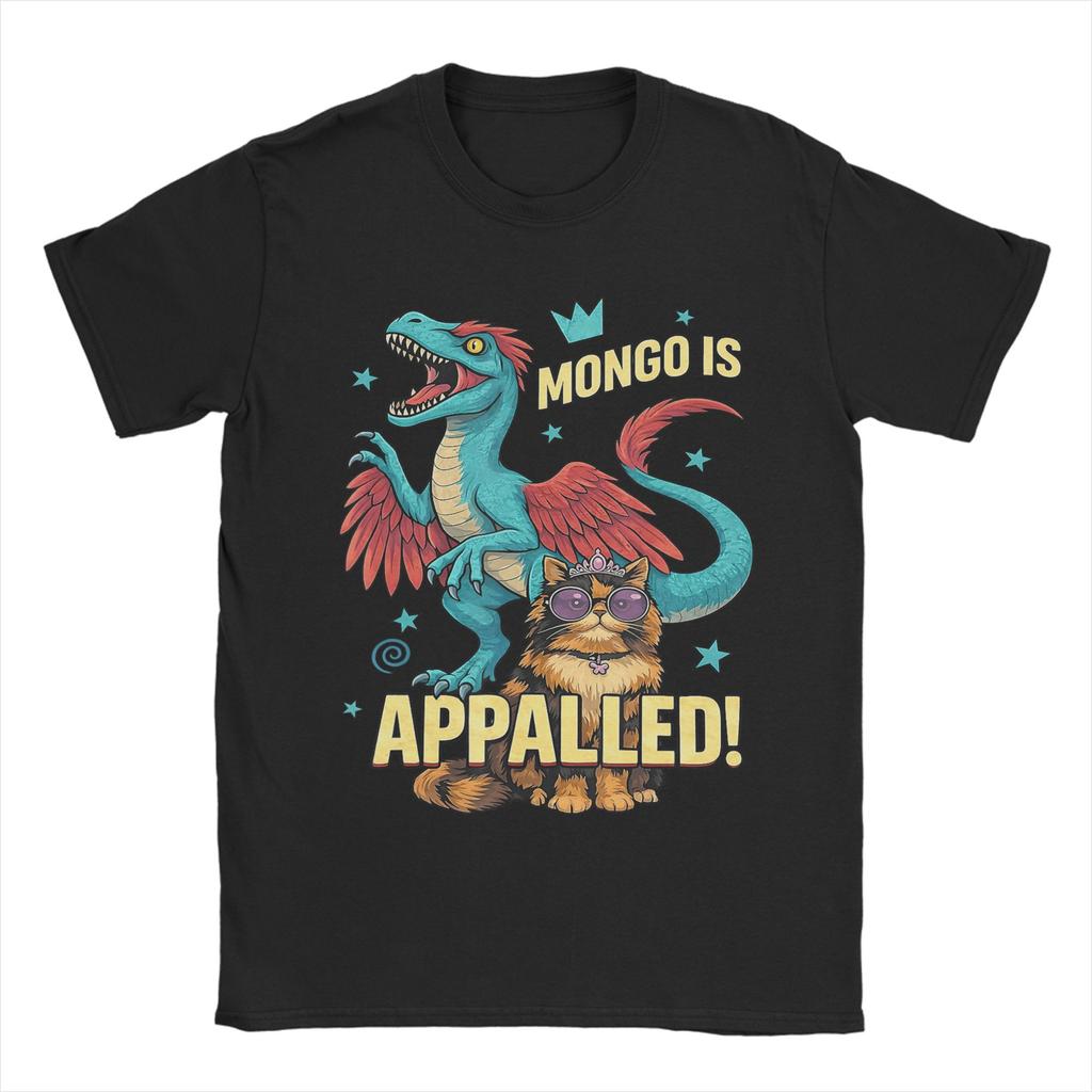 Cat Riding Dinosaur Meme Funny Mongo is Appalled T Shirts Men Cotton Fashion for Male TShirt Round Neck Tees Short Sleeve