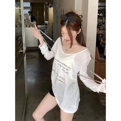 Letter Printing Slightly Transparent Thin Long-sleeved T-shirt Women's Spring and Summer Relaxation Casual Sunscreen Blouse Temperament Loose Top