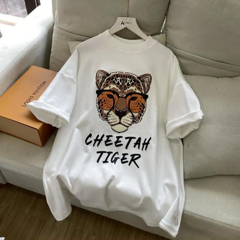 

2025 Новая футболка Ретро принт Свободная Оверсайз Очки Тигр Буквы Топы Повседневная Футболка с коротким рукавом Джокер XXL белый