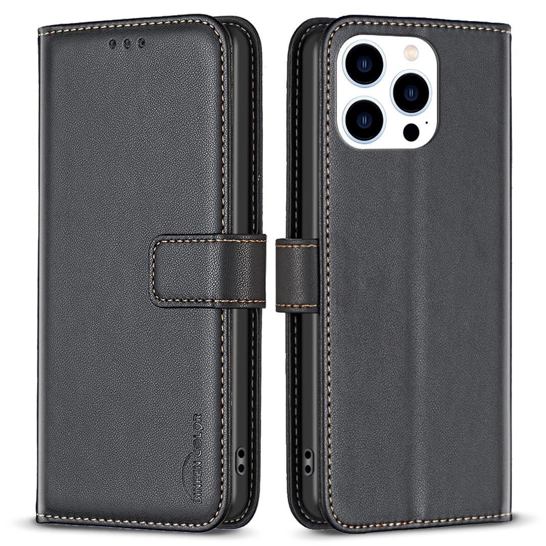 

BINFEN COLOR BF17 For iPhone 13 Pro Max 6.7 inch Leather Wallet Case Flip Stand Protective Phone Cover Black