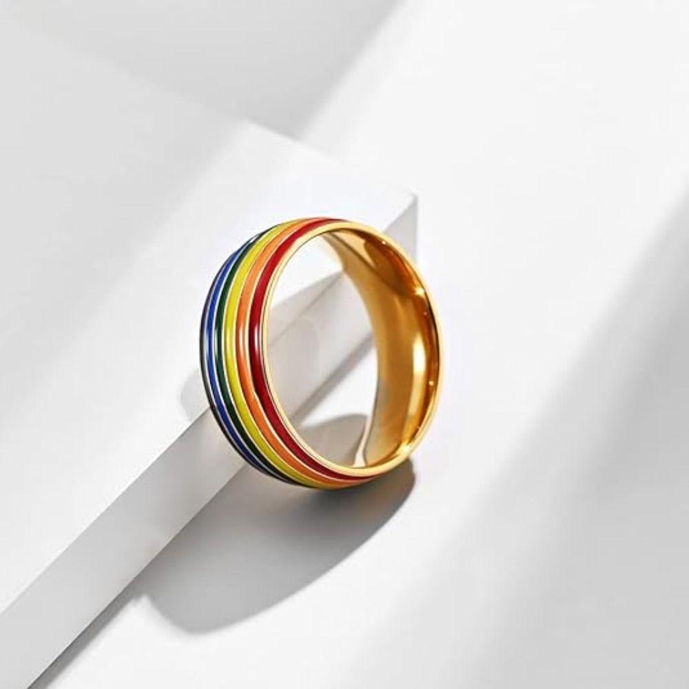 Enamel Unisex Couple Rings Rainbow Stripe Finger Knuckle Bands Multicolour Rainbow Rings  Woman