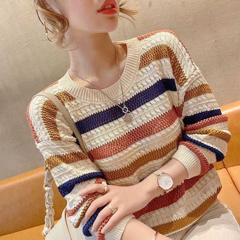 Women Sweater Loose Korean Fashion Knitted Autumn Spring Jumper Striped Hollow Out Streetwear Round Neck Female Clothing