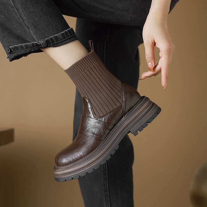 Krazing Pot Microfiber Autumn Winter Shoes Thick High Heels Flat Platform Size 43 Motorcycle Boots Knitwear Ankle Boots