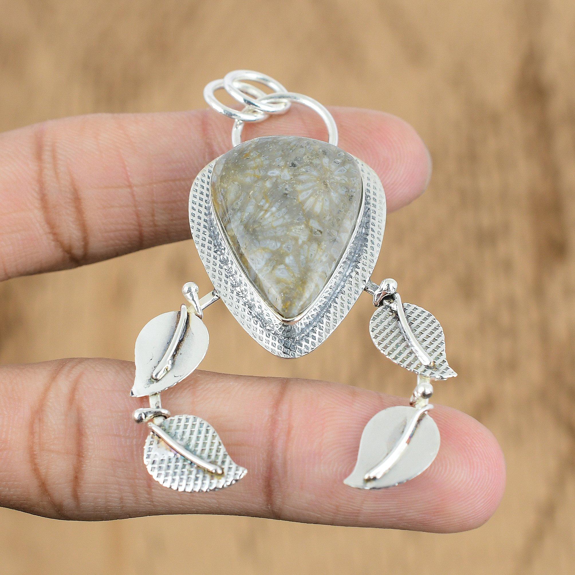 

Womens day Deal 925 Sterling Silver Pear Natural Fossil Coral Pendant Jewelry