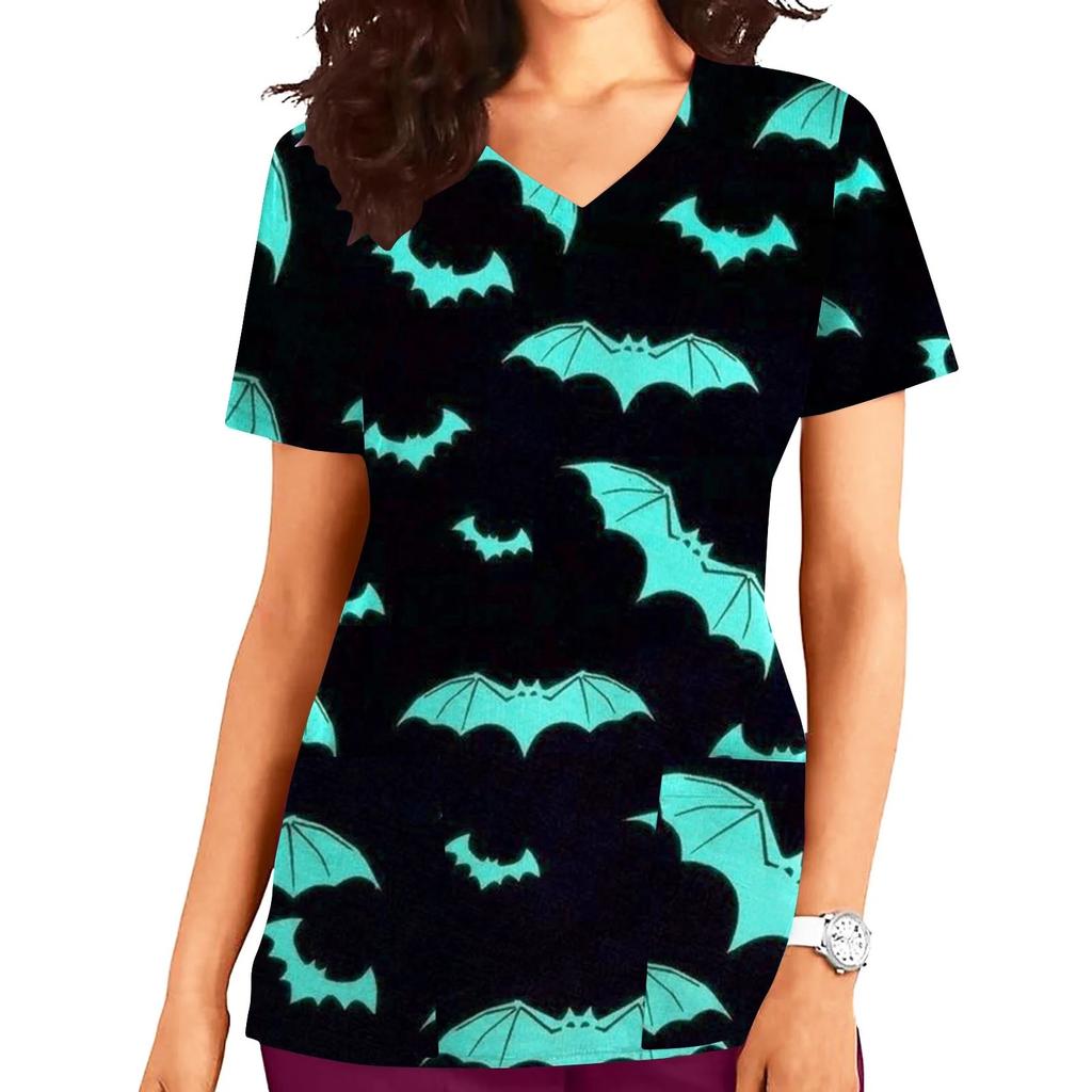 Halloween Womens Nursing Scrub Tops Working Uniform Summer Short Sleeve V Neck Pocket Workwear Blouse T-shirt Loose Nursing Scru