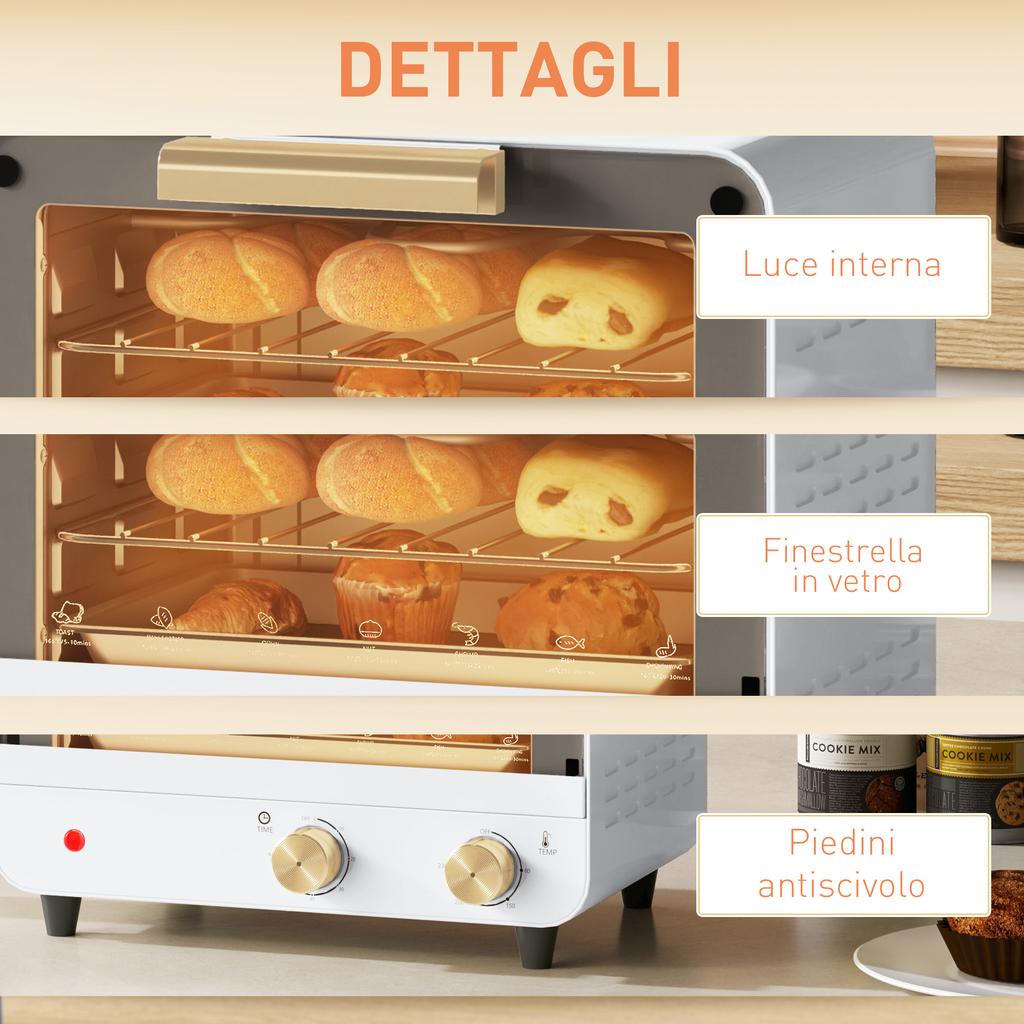 Electric Oven 12L with Timer and Adjustable Temperature, in Steel and Plastic, 31.5x27.7x22.7 cm, White and Gold