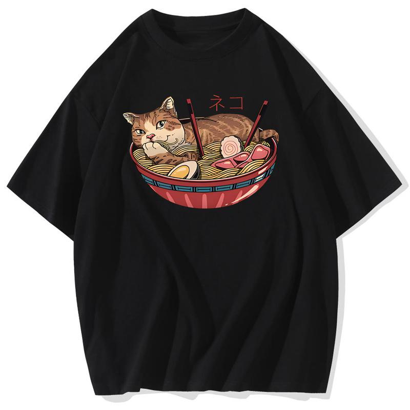 

Japanese Genki Cat Series Mens Tshirt Basic Print Short Sleeve Anime Top Oneck Youth Mens Comfortable Shirt Casual Oversized S