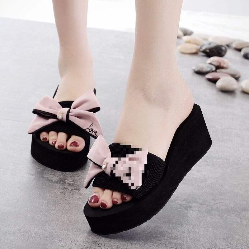 Women's Bowknot Wedge Flip-Flops: Versatile, Thick-Soled Beach Sandals for Summer Skirt Pairing and Outdoor Wear