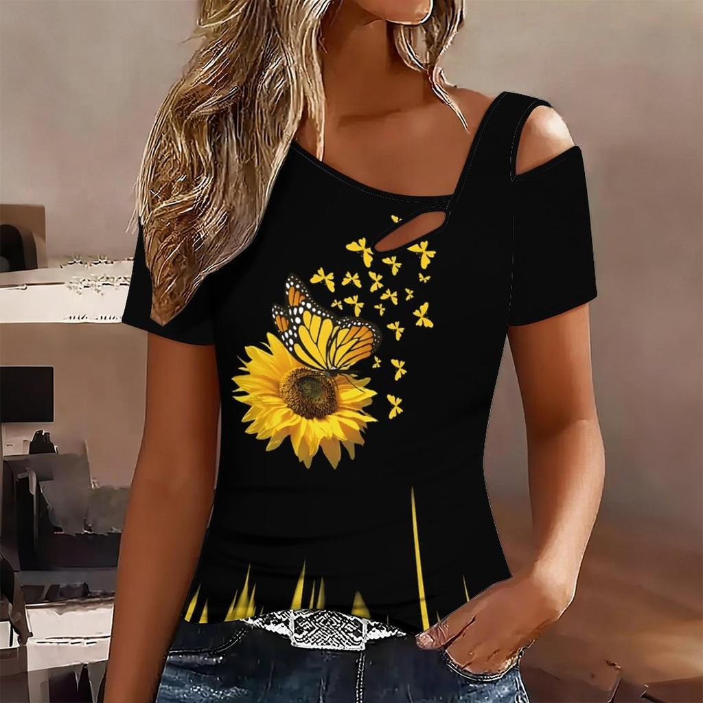 Women Flower Pattern Print Cold Shoulder Short Sleeve T Shirt Irregular Cutout Neck Casual Summer Blouse Top