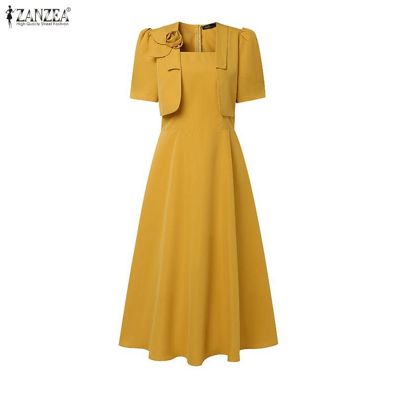 ZANZEA Women Casual Square Collar Summer Short Sleeve Sheath Dress