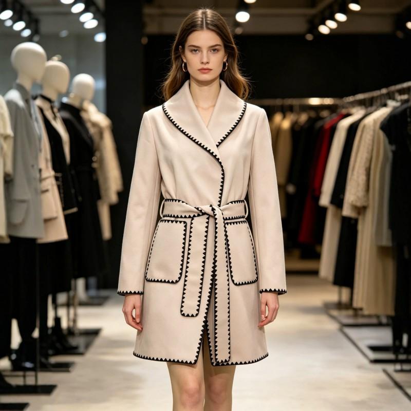 Womens Wool Blend Coat With Contrast Collar Edge Detail Elegant Winter Outerwear