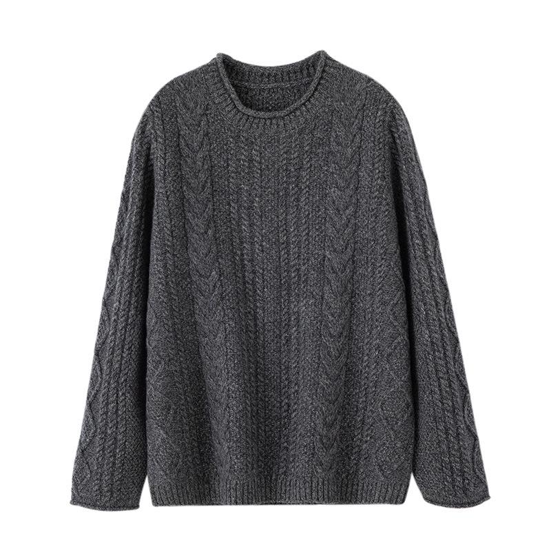 Women's Retro Cable Knit Cashmere Sweater – Round Neck, Rolled Hem, Thick, Loose, and Cozy for Autumn and Winter.