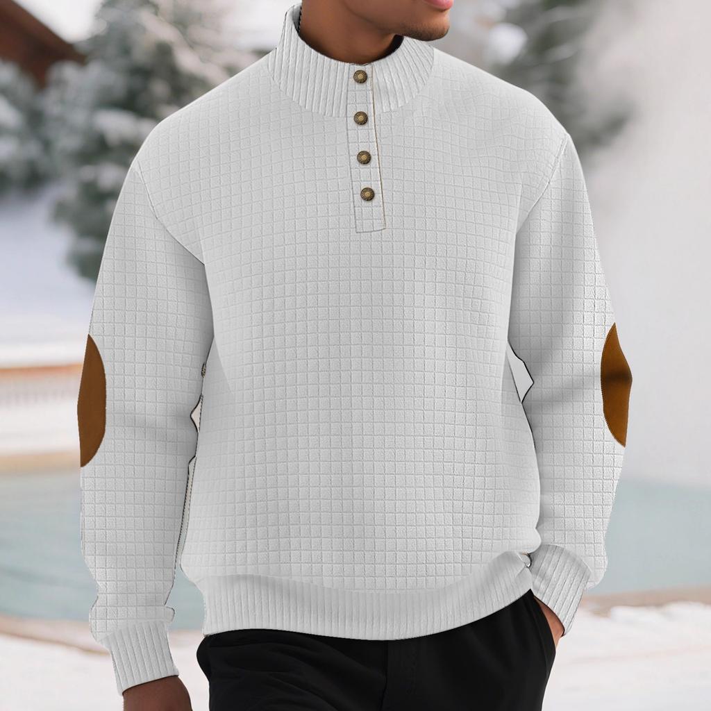 Lightweight Casual Sportswear for Men Jacquard Small Check Pattern Stand-Up Collar Long-Sleeved Pullover Button-Front Outdoor Sweatshirt