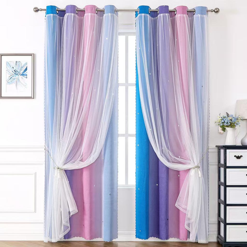 Starry Night Princess Curtains Blackout Sheer Rainbow Gradient Curtain For Girl Bedroom Double Layer Lace Trim 132X160cm W52 L63