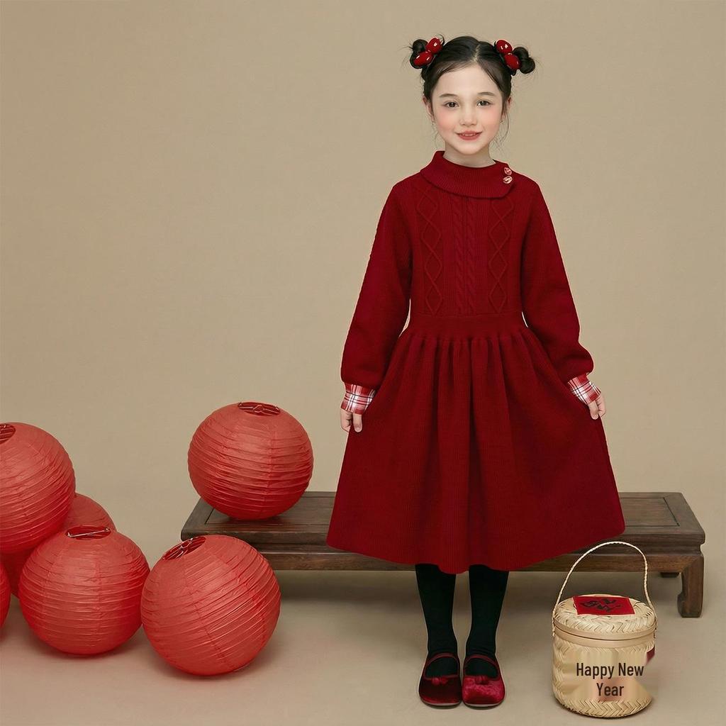 Yuchen Girls' Winter 2025 Plaid Patchwork Knit Dress