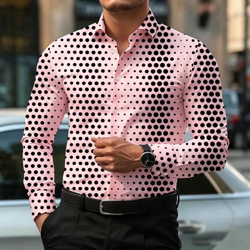 Men's Polka Dot Print Long Sleeve Shirt Fashion Slim Fit Button Down Casual Blouse Tops