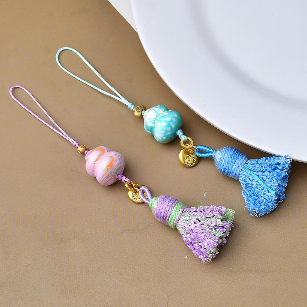Chinese Ink Wash Lacquer Gourd Tassel Pendant Hand-woven Phone Lanyard with Song Brocade Bag Charm – Intangible Cultural Heritage