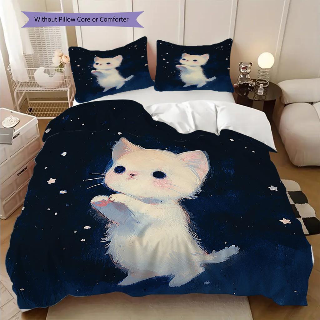 White Cat Pattern Bedding Quilt Set Quilt Cover Pillowcase Home Decoration Birthday Gift (1 * Duvet Cover + 2 * Pillowcase, Without Core)