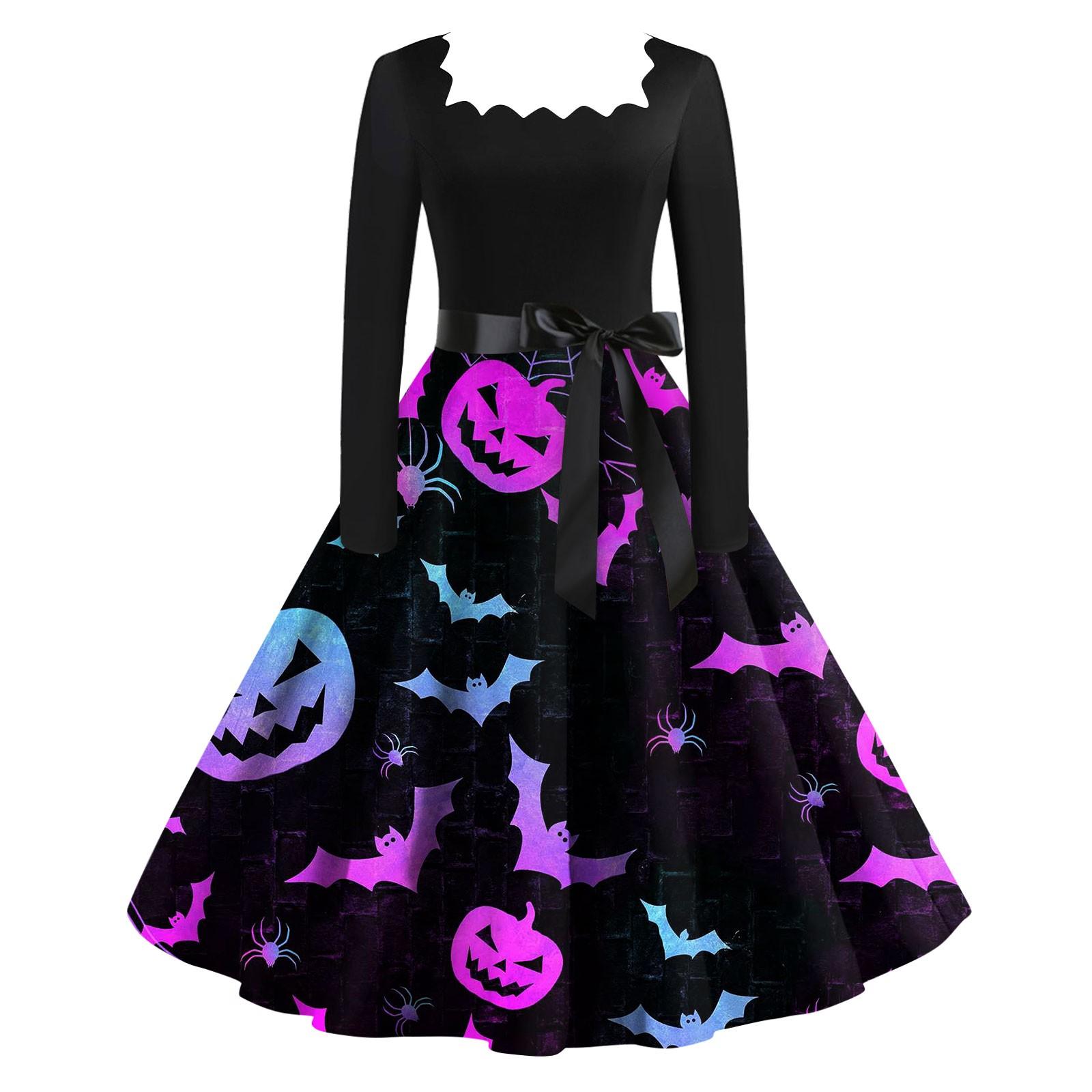 

Женское повседневное модное винтажное платье с длинным рукавом и принтом на Хэллоуин S фиолетовый