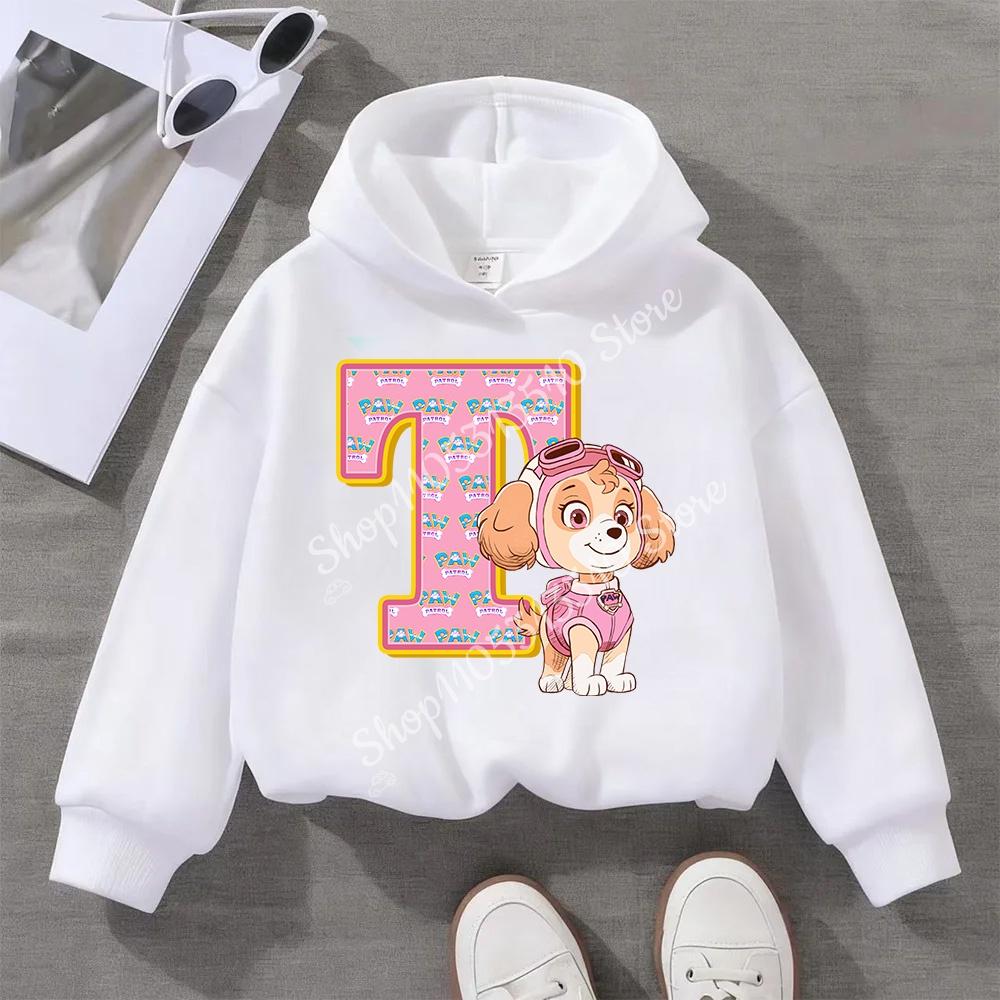 PAW Patrol Child White Long- Sleeve Hoodie Girls Skye Polyester Tops Cartoon 26 Letter Printed Pullover Children Birthday Gifts