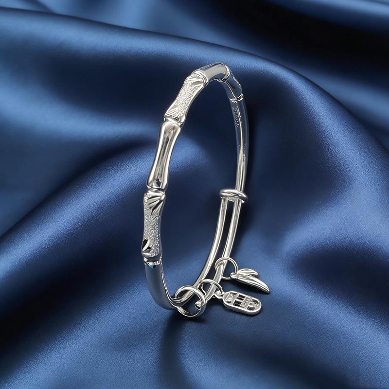 Sterling Silver Auspicious Clouds Bamboo Bangle - Chinese Style Open Bracelet Gift for Women