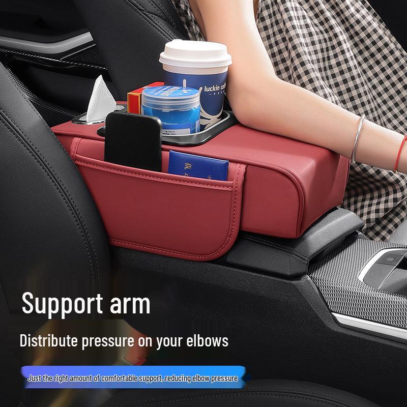 Multifunctional Car Armrest Riser with Dual Fast Charging, Rhythm Light, Cup Holder, and Tissue Box