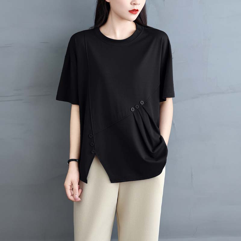 Dimanaf 2025 Summer Plus Size Tops Cotton O-Neck T-Shirt Solid Asymmetrical Women Short Sleeve Loose Tees