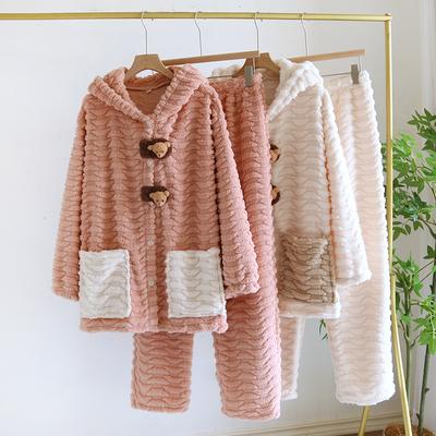 Sweet Hooded Home Clothes Autumn Winter Coral Fleece Pajamas Set Loose Casual Cute Sleepwear Loungewear Thickened Warm Nightwear