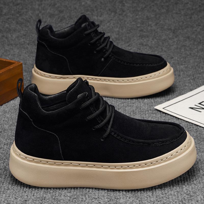 High-top spring new leather casual board shoes British thick-soled heightening sneakers