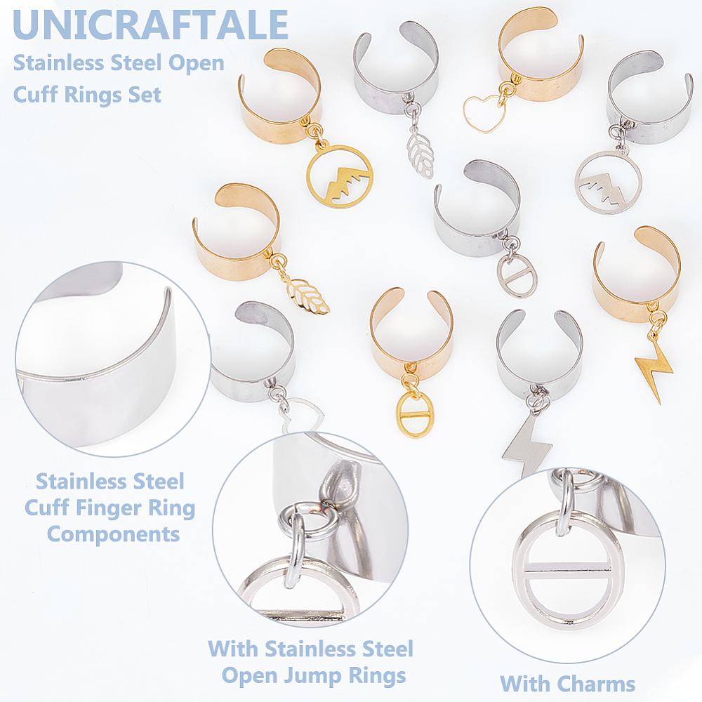 10Pcs 10 Style 304 Stainless Steel Open Cuff Rings Set, Stackable Rings with Charms, Mixed Shapes, Inner Diameter: 17~18mm, 1pc/style