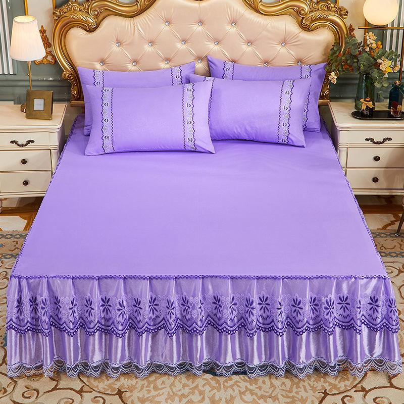 3pcs Set Soft Lace Bed Skirt King Queen Size Bedspread Solid Color Luxury Princess Romantic Bed Spread with Pillowcase
