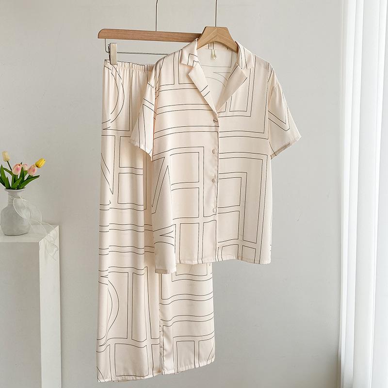 11 Summer ice silk thin pajamas women's short-sleeved trousers cardigan large size light luxury high-end sense can be worn outside loungewear cover