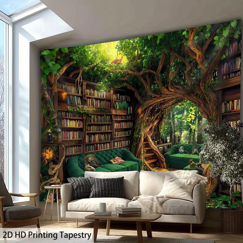 2D Magical Treehouse Library Tapestry Enchanted Forest Reading Nook Wall Hanging 47.2x31.5inch/120*80cm
