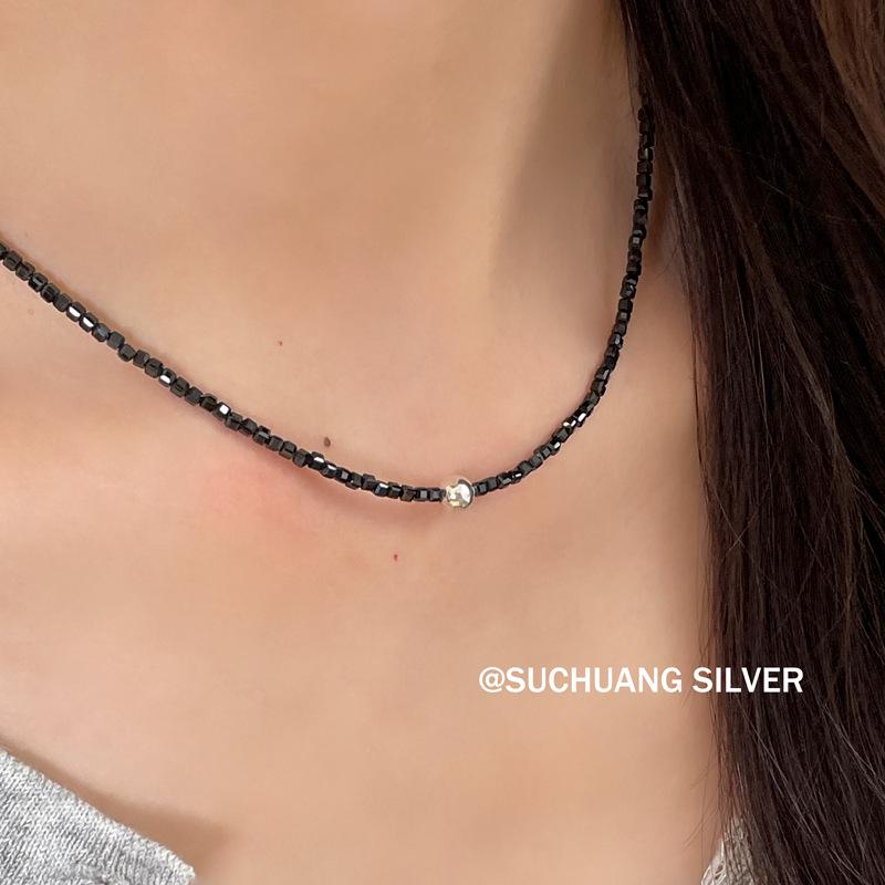 S925 Sterling Silver Black Agate Necklace & Bracelet Set for Women - Luxury Natural Stone Jewelry