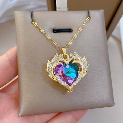 Exaggerated Colorful Love Full Diamond Light Luxury Temperament Gorgeous Full Diamond Necklace Female Versatile Collarbone Chain Titanium Steel