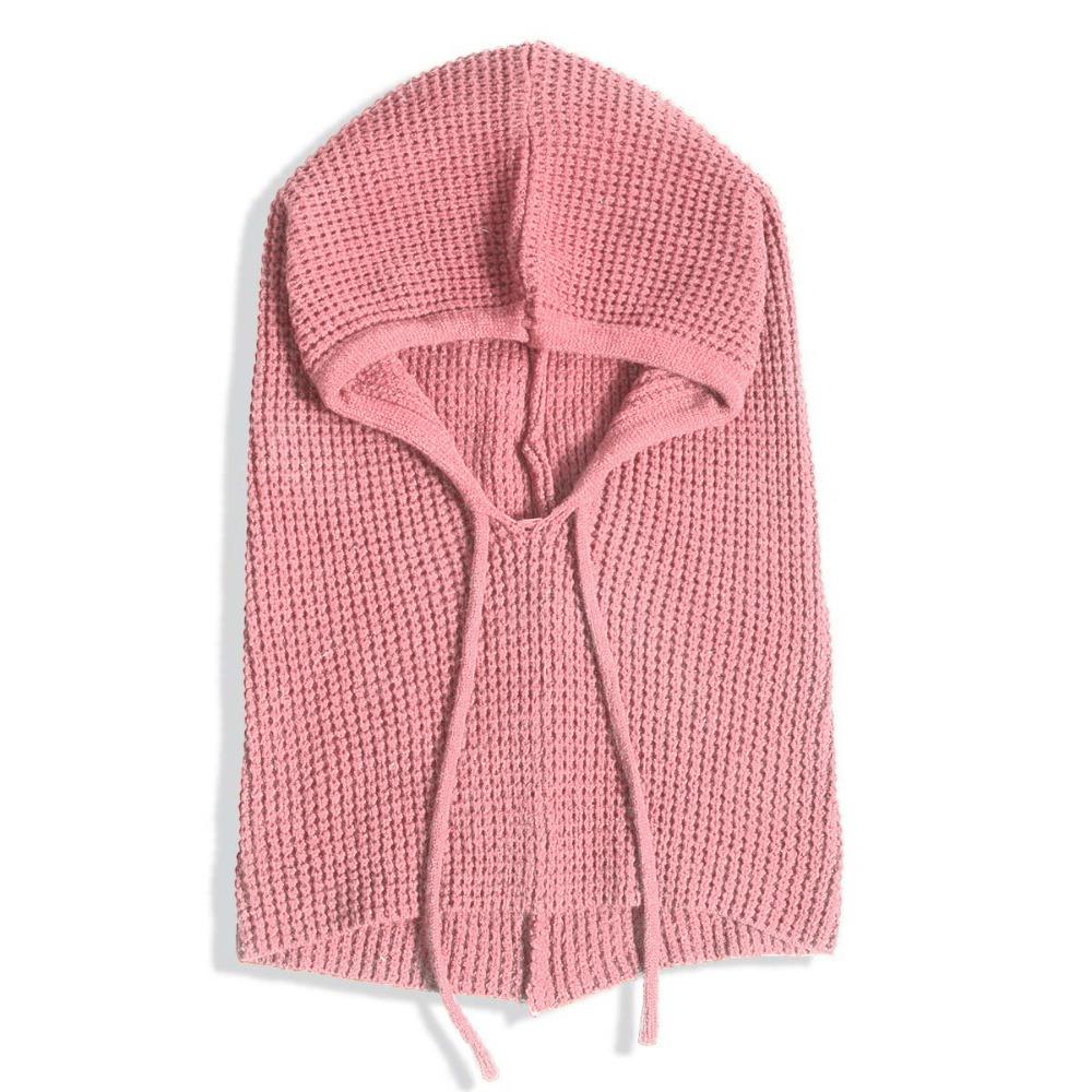 Drawstring Closure Neck Warmer Hat Thick Knit Winter Pullover Hat  For Women Man