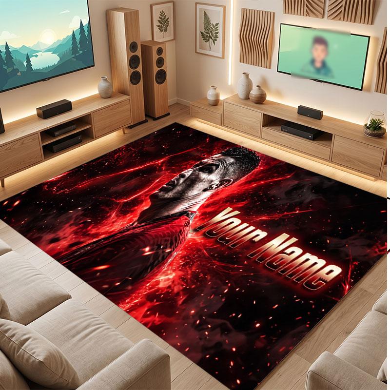Cristiano Ronaldo Custom Crystal Velvet Rug, Personalized Name Text Print, Football Logo Soft Non‑Slip Floor Mat Home Decor Gift