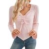 Women's Fashionable Solid Color Pleated Long Sleeved Short  T-shirt Top