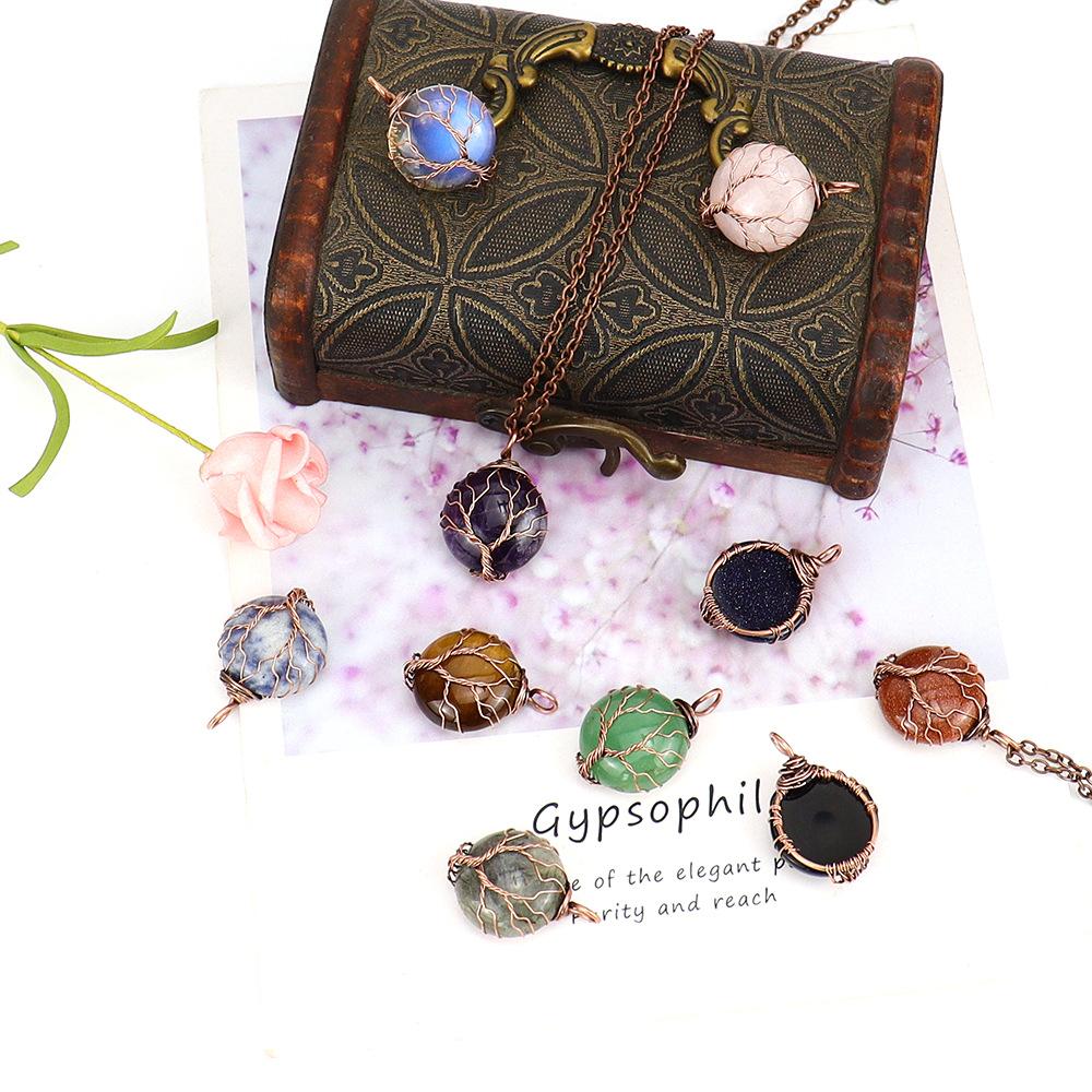 Natural Crystal Rough Stone Amethyst Round Winding Tree Of Life Pendant Necklace N647