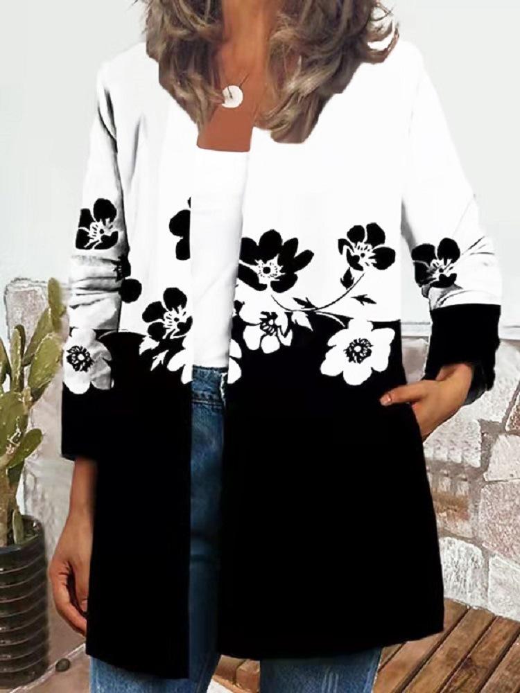 Women's Crew Neck Long Sleeve Cardigan Oversized Vintage Ethnic Print Plus Size Open Front Jacket Casual Outerwear