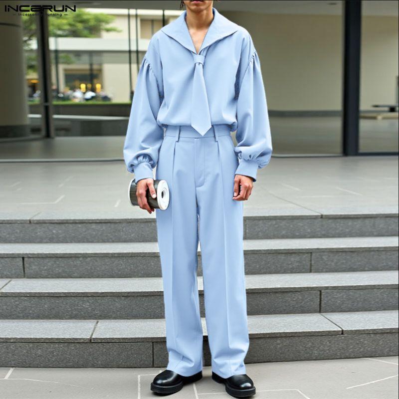 INCERUN Oversized Men Sets Tie Up Long Sleeve Shirts Long Pants Casual Two Pieces Outfits