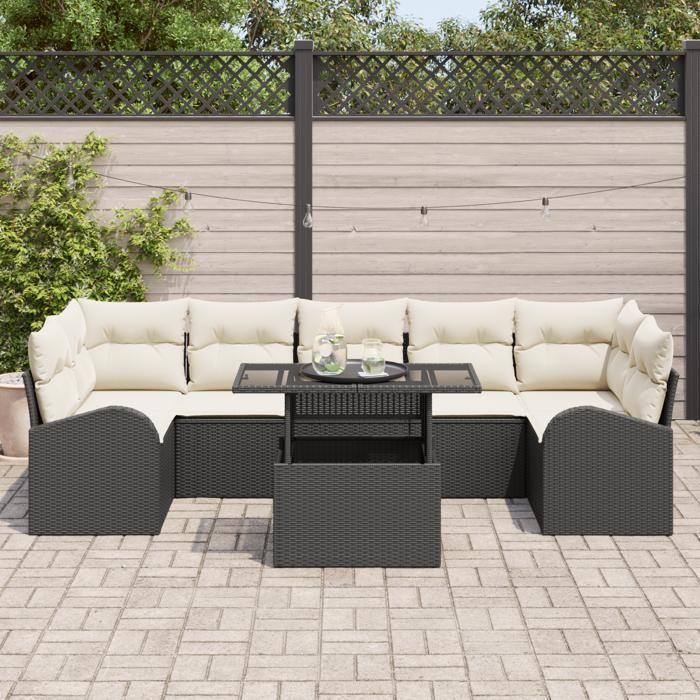 Ensemble de Canapés de Jardin 8 pièces avec Coussins Noir Rotin Poly, Canapé de Jardin 2 places avec Rangement et Coussins 3357330