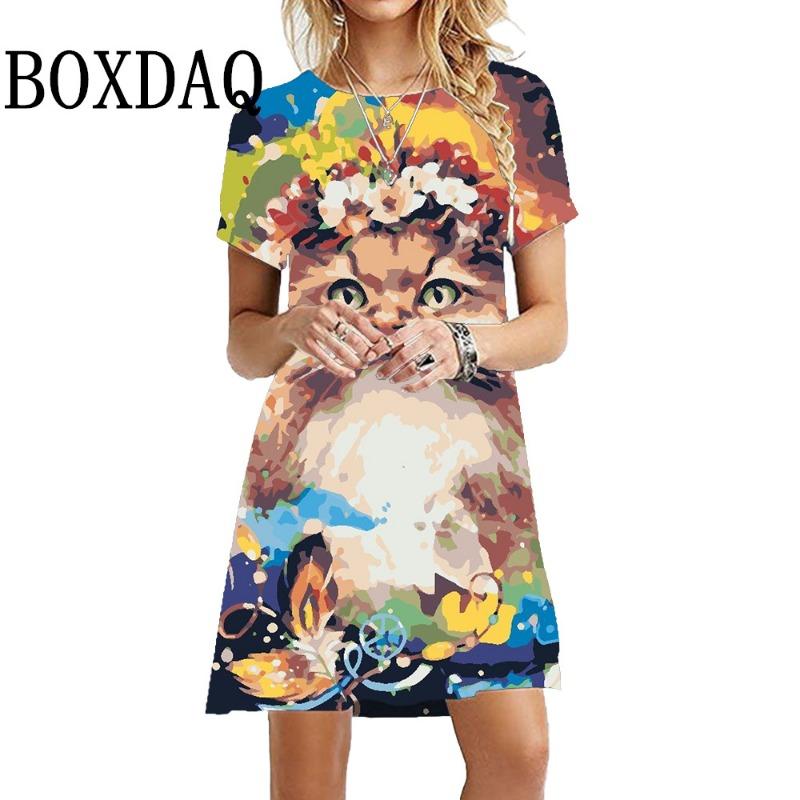 Oversized Short Sleeve Dress Summer O-Neck Women'S Dress Loose Kawaii Painting Cat Print Dress Harajuku Streetwear Hip Hop Dress