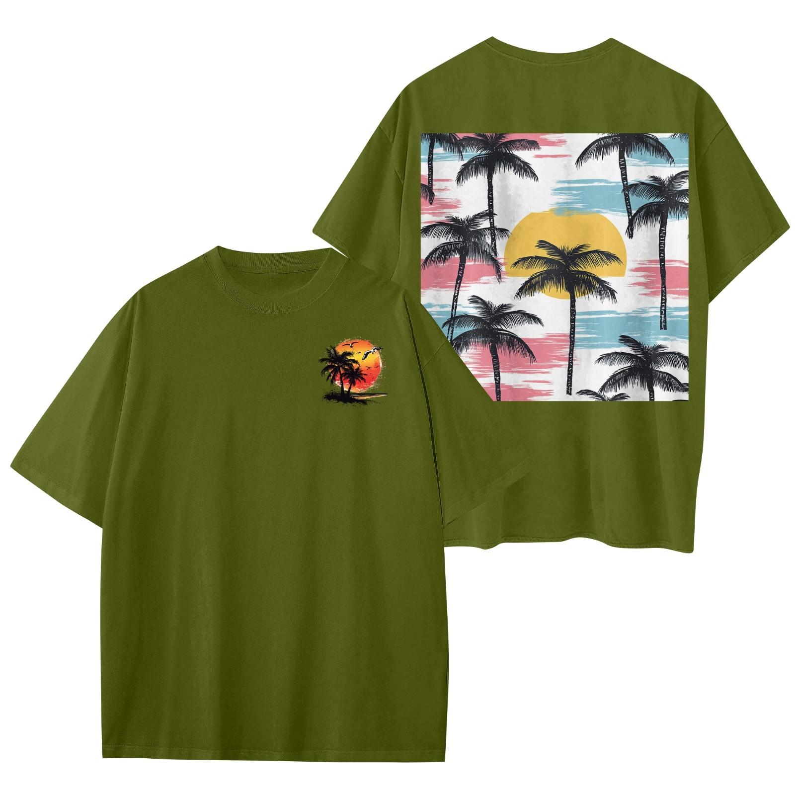 Women s Round Neck Fashionable Loose Hawaiian Print Short Sleeves L