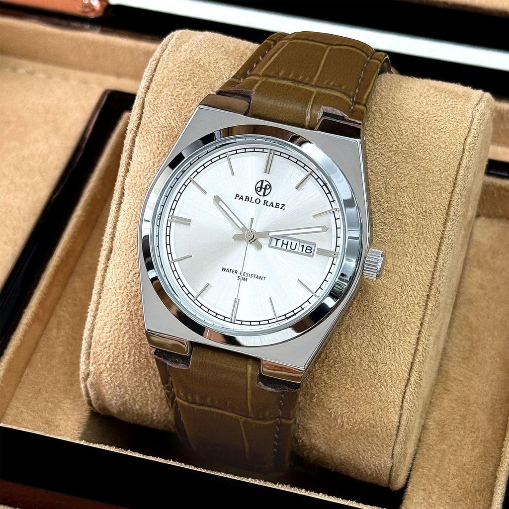 PABLO RAEZ Men's Dual Calendar Waterproof Quartz Watch with Leather Strap