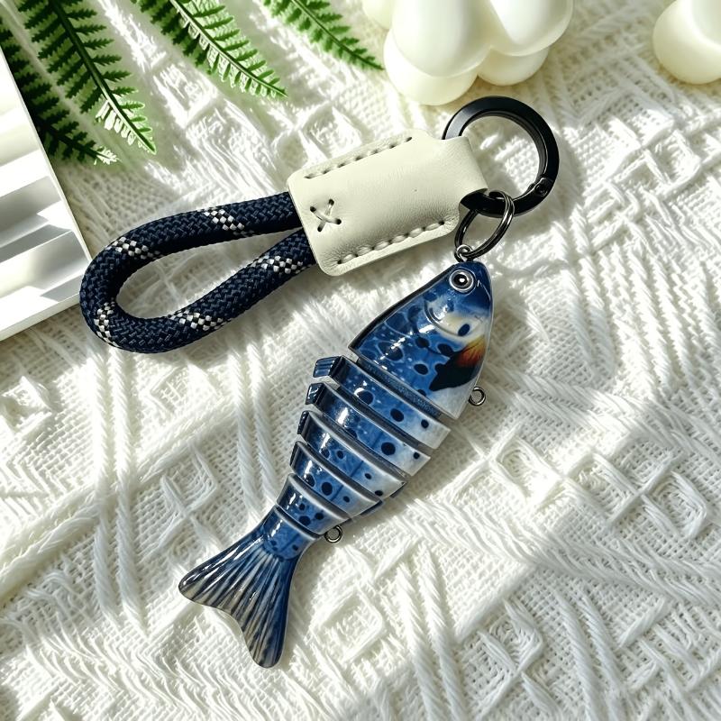 Hand-Wrapped Leather Nylon Rope Fish-Shaped Keychain With A Spring Ring For Backpack Hanging Decor Gift