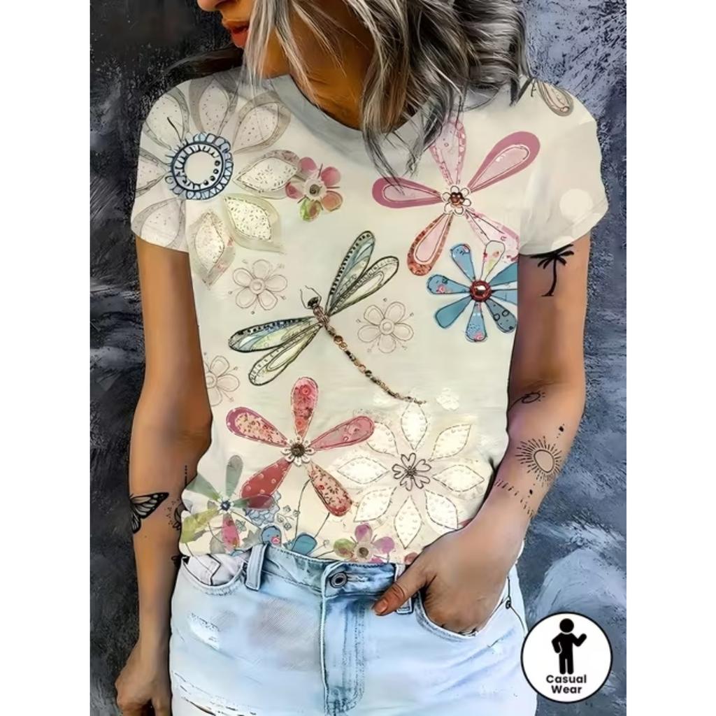 Camiseta Colorida com Estampa de Borboletas para Mulheres, Camiseta Casual Engraçada com Gola Redonda e Mangas Curtas, Camiseta Feminina de Verão