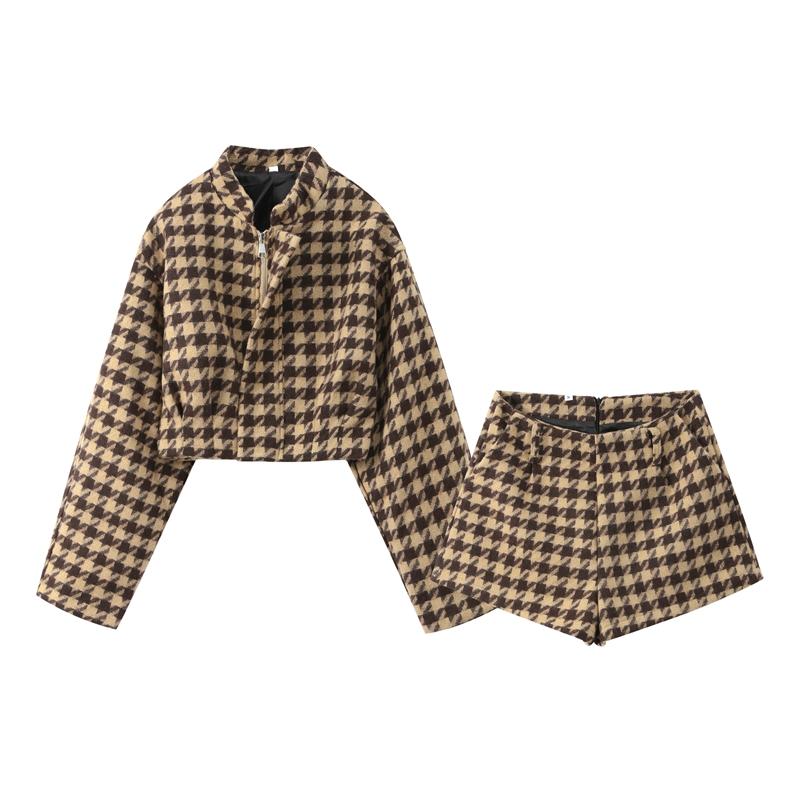 

Клетчатая короткая куртка шорты костюмы женские винтажные воротник стойка длинный рукав молния пальто с высокой талией шорты уличные женские наряды L
