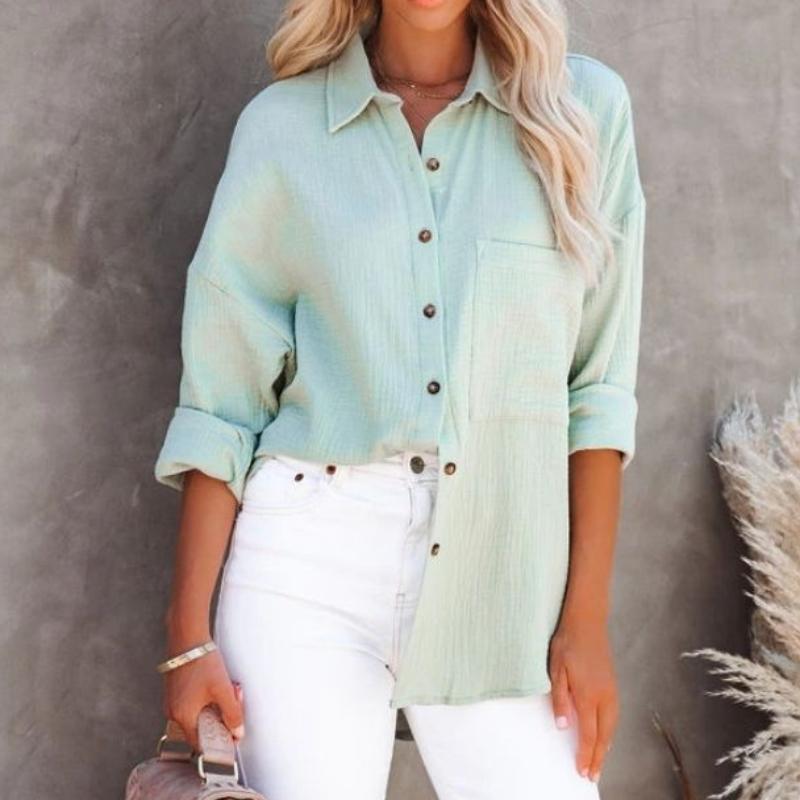 

BITCED Женская осенняя простая рубашка с длинным рукавом и V-образным вырезом на пуговицах из хлопка и льна XXL мятный зеленый